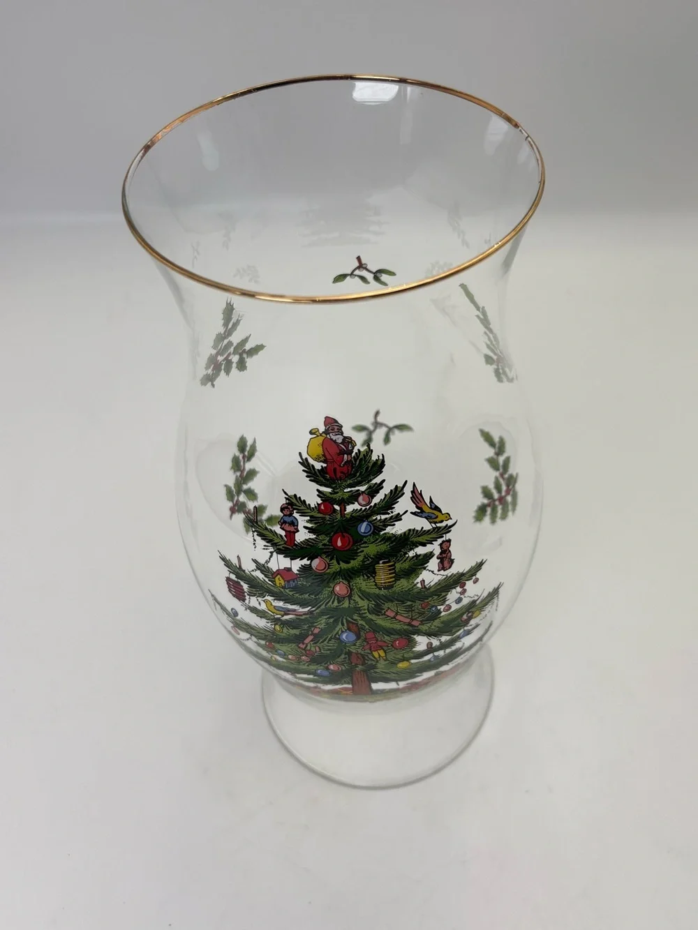 Large Spode Christmas Tree Glass Hurricane with Gold Rim